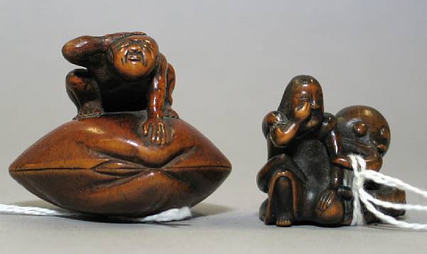 Appraisal: Two carved boxwood netsuke th Century One of a woman