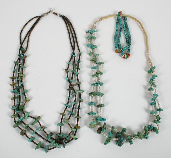 Appraisal: Lot of two Native American multi-strand beaded necklaces featuring raw