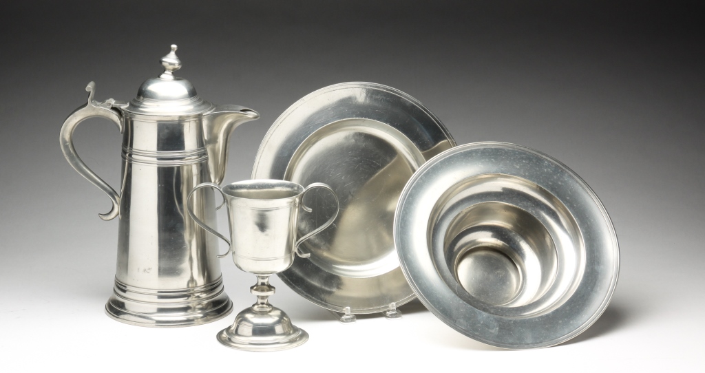 Appraisal: FOUR PIECE PEWTER COMMUNION SET BY ISRAEL TRASK Beverly Massachusetts