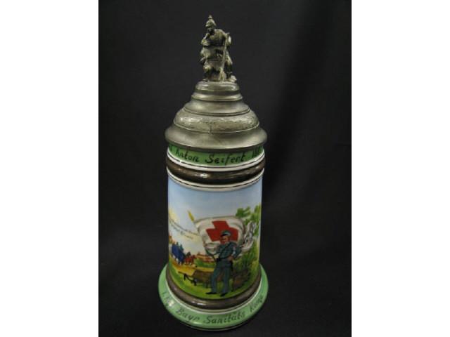 Appraisal: German Regimental Lithopane Porcelain Stein contemporary issue tall liter figural