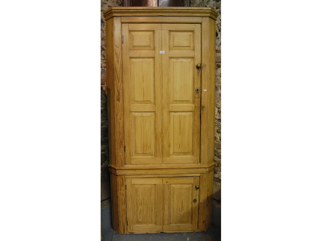 Appraisal: A George III panelled stripped pine standing corner cupboard