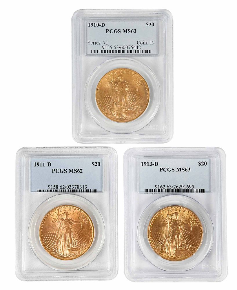 Appraisal: Three Denver St Gaudens Gold Coins fineness -D -D -DNote