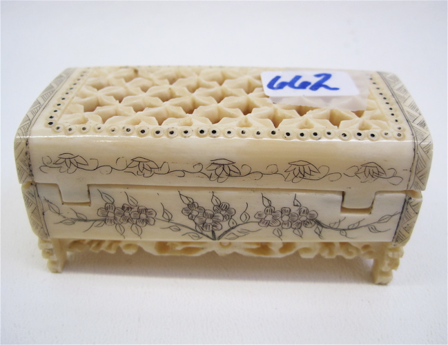 Appraisal: ASIAN HAND CARVED IVORY CRICKET BOX c pierced hinged cover