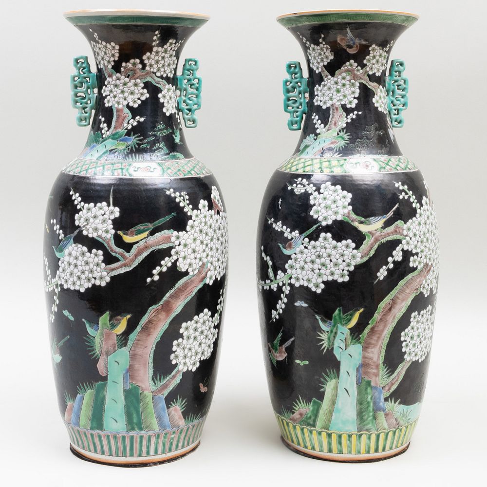 Appraisal: Pair of Large Chinese Famille Noire Porcelain Baluster Vases Iron