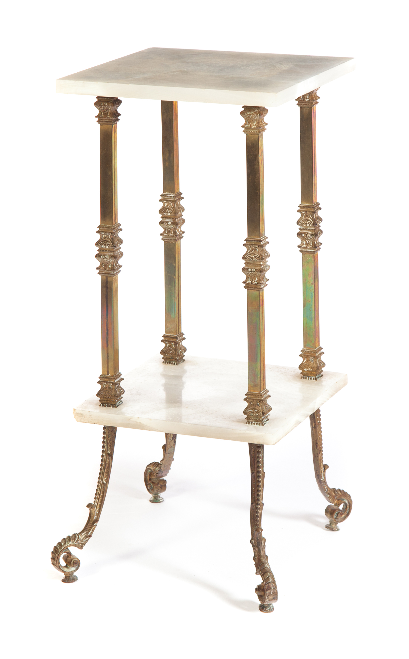 Appraisal: BRASS FERN STAND WITH ALABASTER SHELVES American ca Square top