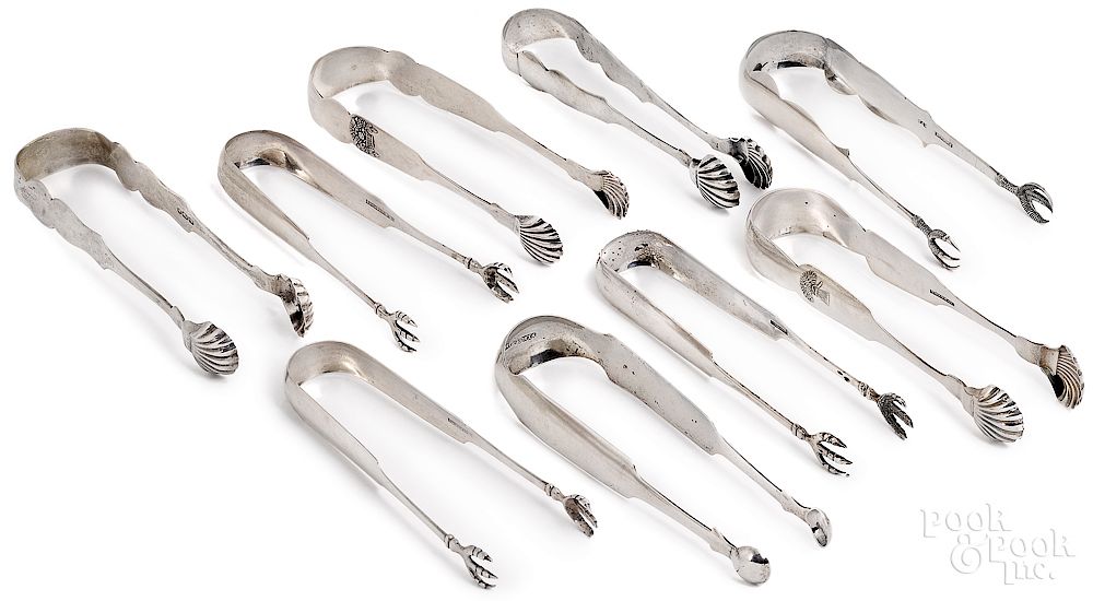 Appraisal: Nine American coin silver sugar tongs Nine American coin silver