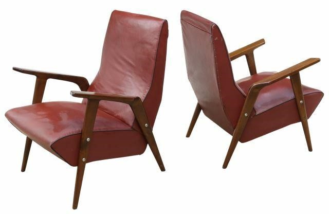 Appraisal: pair Italian mid-century modern armchairs c s exposed wood frame