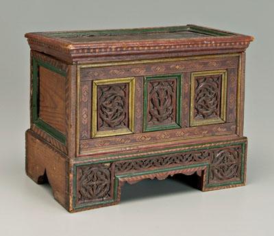 Appraisal: Fine painted and carved miniature chest pine with dovetailed and