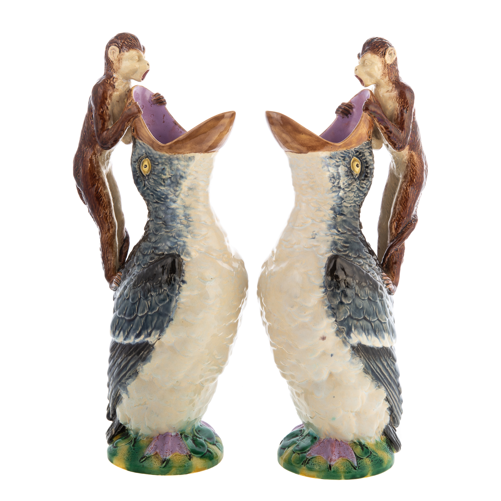 Appraisal: A PAIR OF ENGLISH MAJOLICA FIGURAL JUGS Circa s whimsical