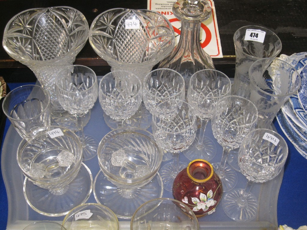 Appraisal: Tray lot of assorted glassware - vases etched glass goblets