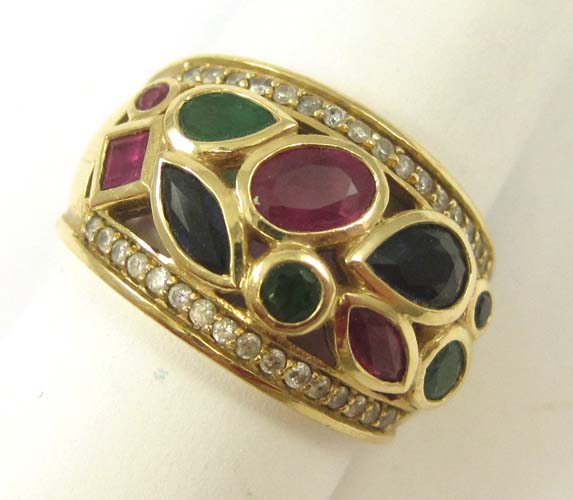 Appraisal: RUBY SAPPHIRE EMERALD AND DIAMOND RING k yellow gold set