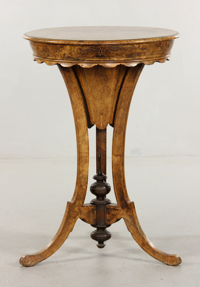 Appraisal: - English Regency Burl Wood Sewing Stand English Regency sewing