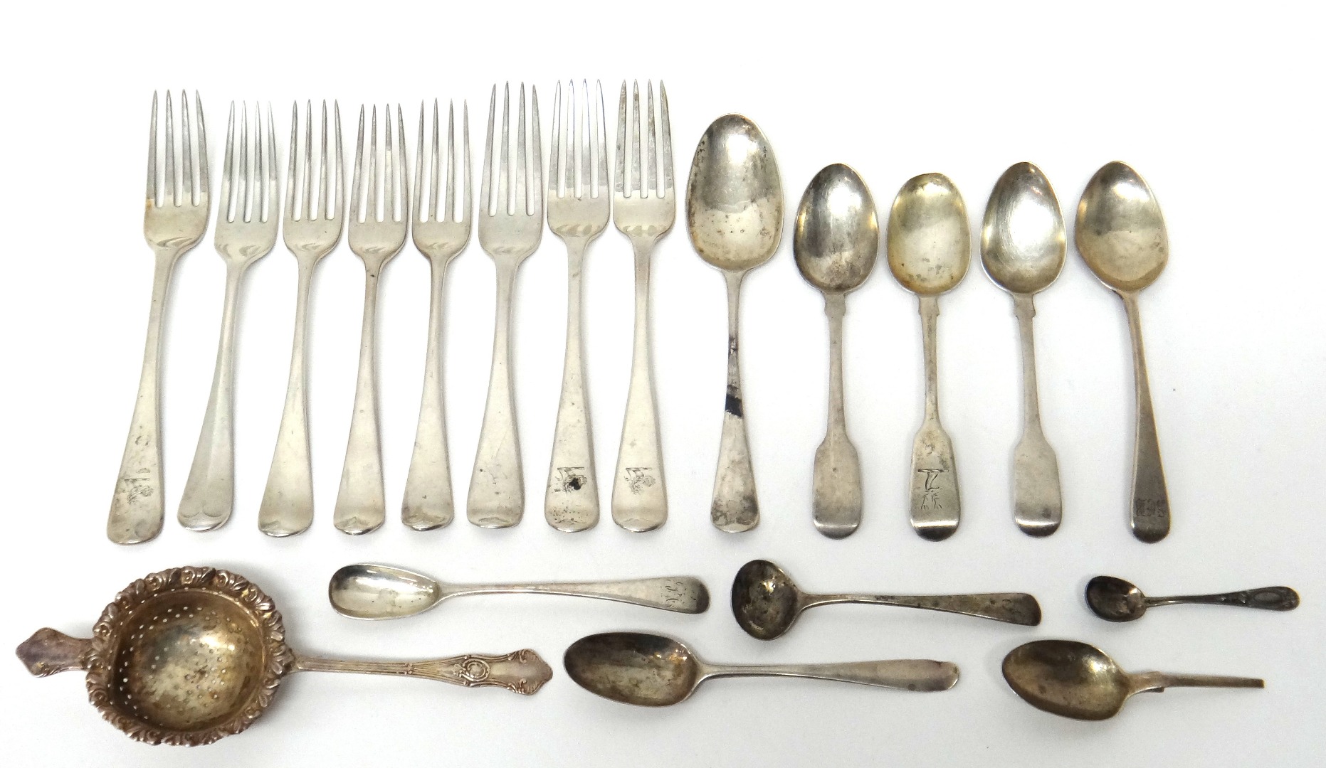 Appraisal: Mostly silver comprising eight Old English pattern dessert forks eight