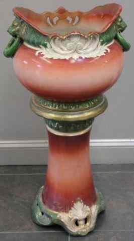 Appraisal: Piece Art Nouveau Ceramic Jardiniere onPedestal With lions' heads detail