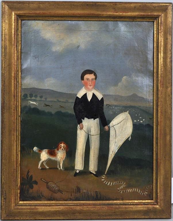 Appraisal: Folk Art O C of Young Boy With Kite his