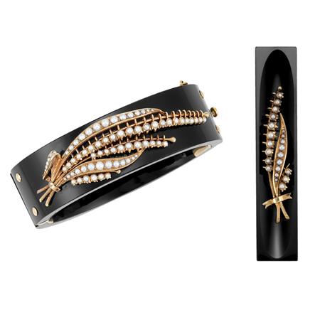 Appraisal: Antique Gold Black Onyx and Split Pearl Bangle Bracelet and