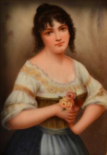 Appraisal: German hard paste porcelain plaque of young peasant girl holding