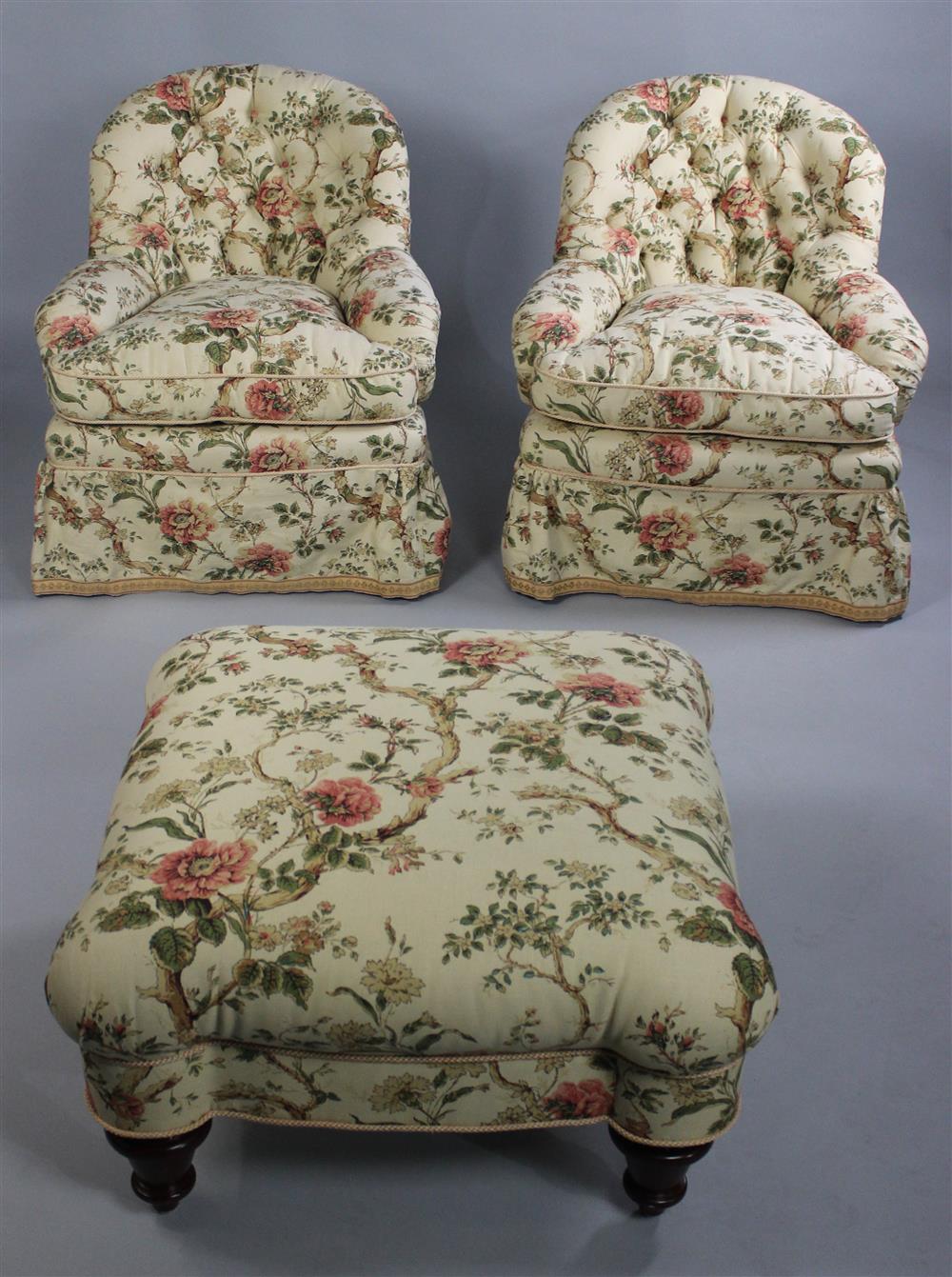 Appraisal: PAIR OF FOLIATE UPHOLSTERED CLUB CHAIRS WITH MATCHING OTTOMAN each