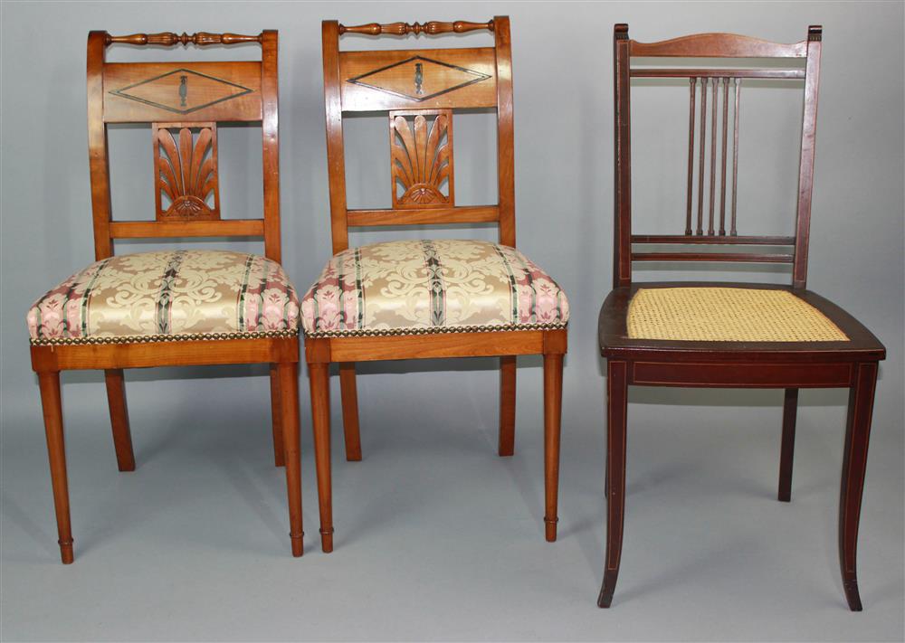 Appraisal: PAIR OF CONTINENTAL CARVED AND INLAID-FRUITWOOD CHAIRS ALONG WITH ANOTHER