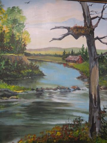 Appraisal: Oil Painting bird nest in tree by a country stream