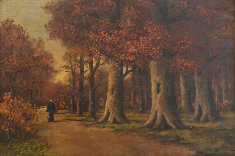 Appraisal: FOREST PATH WITH FIGURE Oil Board '' x '' signed