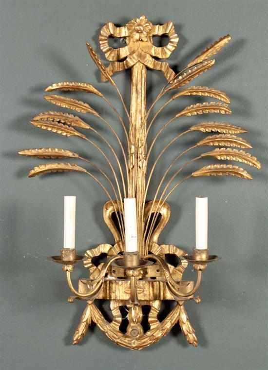 Appraisal: Regency style giltwood and metal three-light wall sconce Estimate -