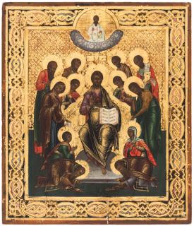 Appraisal: A RUSSIAN ICON OF CHRIST ENTHRONED WITH SELECT SAINTS TH