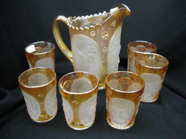 Appraisal: Imperial Carnival Glass Water Set frosted raised scenes marigold trim