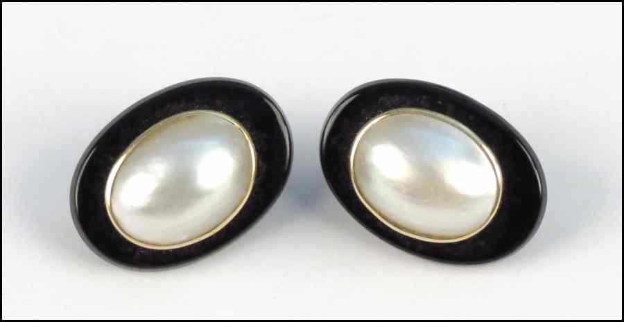 Appraisal: KARAT YELLOW GOLD ONYX AND MABE PEARL EARRINGS Condition No