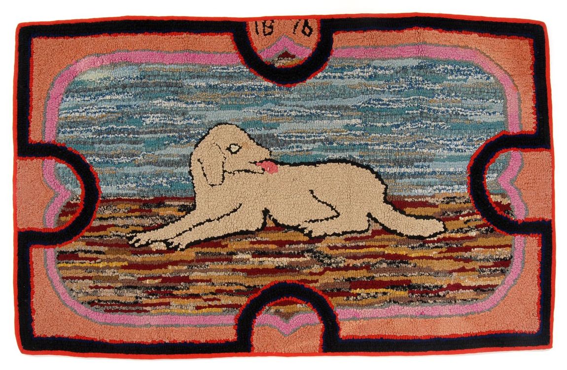 Appraisal: HOOKED RUG x Depicting a recumbent dog Dated