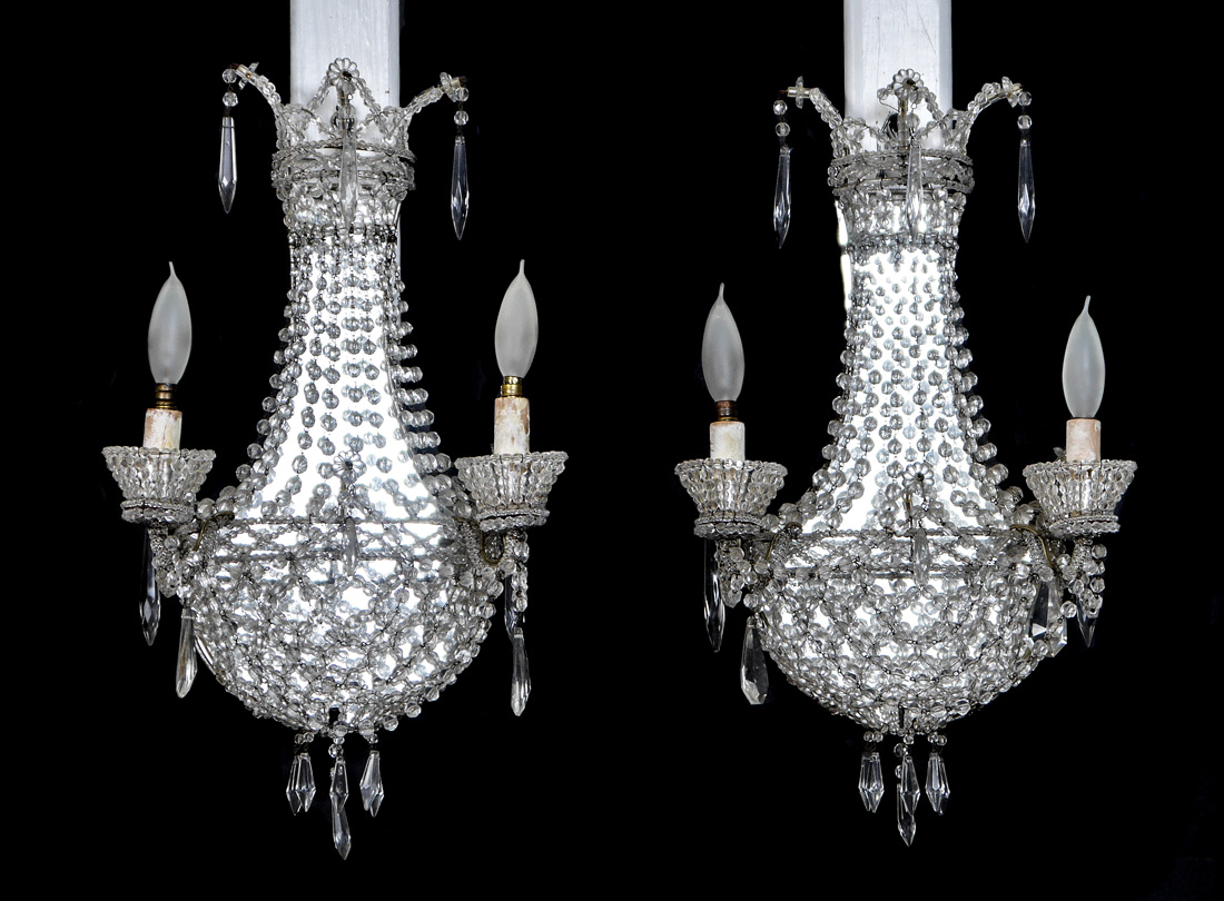 Appraisal: PAIR ITALIAN CRYSTAL MIRRORED WALL SCONCES Purchased in Portofino Italy