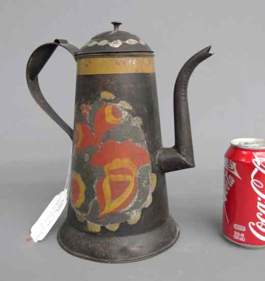 Appraisal: th c tole decorated coffee pot '' Ht