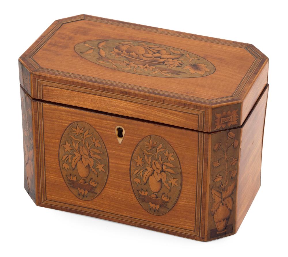 Appraisal: ENGLISH FRUITWOOD TEA CADDY th Century Inlaid oval panels in