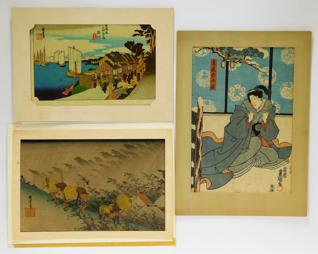 Appraisal: JAPANESE OUTDOOR AND PEOPLE WOODBLOCK PRINTS Japan th CenturyLot includes