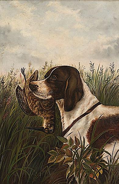 Appraisal: TH CENTURY PAINTING HUNTING DOG WITH BIRD oil on canvas