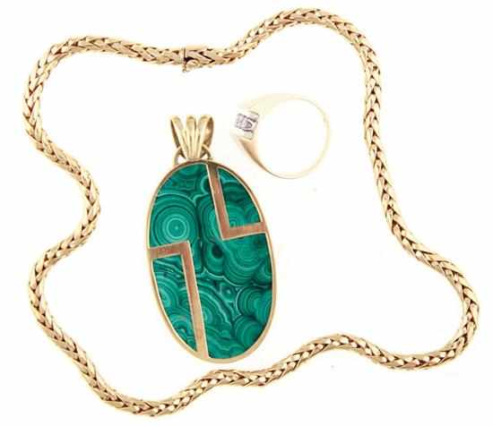 Appraisal: Gold necklace malachite pendant and diamond ring round foxtail necklace