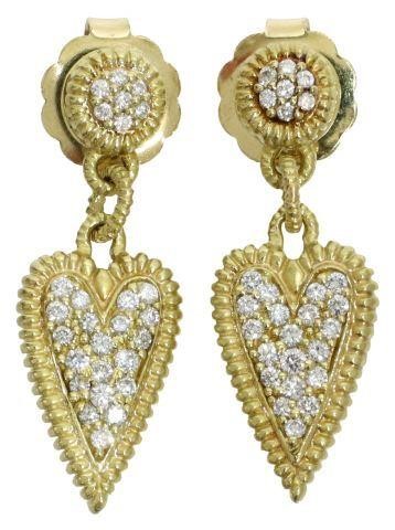 Appraisal: pair Estate kt yellow gold and diamond dangling heart earrings