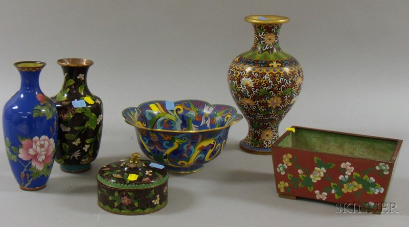 Appraisal: Six Pieces of Cloisonne a footed planter a large scalloped-edge