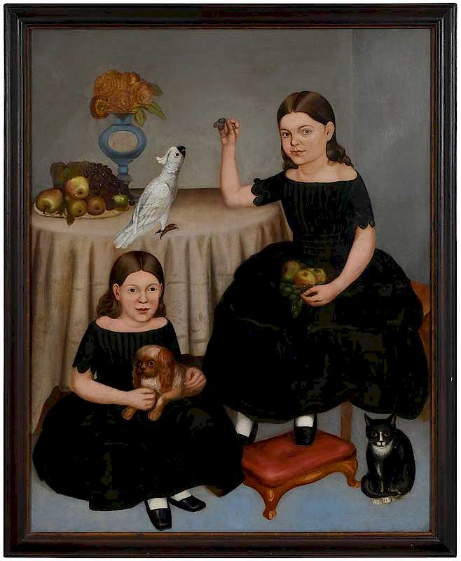 Appraisal: British School Portrait th century Sisters with Parrot at a