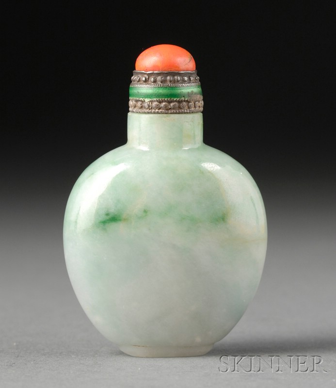 Appraisal: Jade Snuff Bottle th century pale green with bright markings