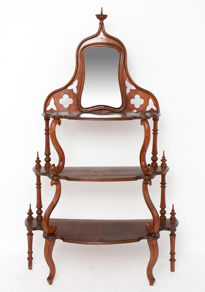 Appraisal: Art Nouveau Walnut Etagere w Shaped Mirror Art Nouveau walnut