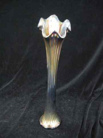 Appraisal: Carnival Glass Trumpet Vase ribbed rich iridescence on blue ''