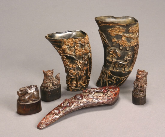 Appraisal: Group of Six Chinese Horn Carvings th Century Consisting of