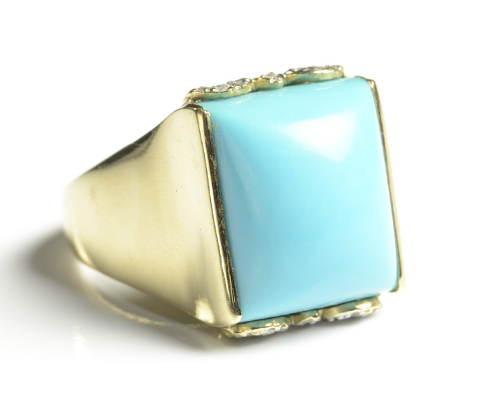 Appraisal: TURQUOISE AND FOURTEEN KARAT GOLD RING with round-cut diamonds set