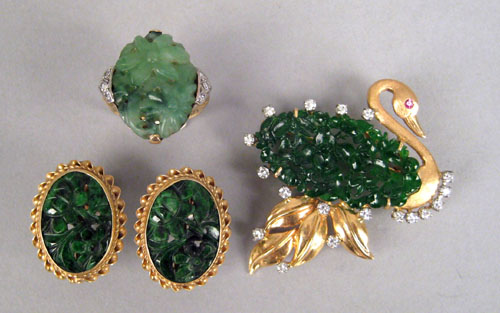 Appraisal: Group of green jade jewelry to include K yellow gold