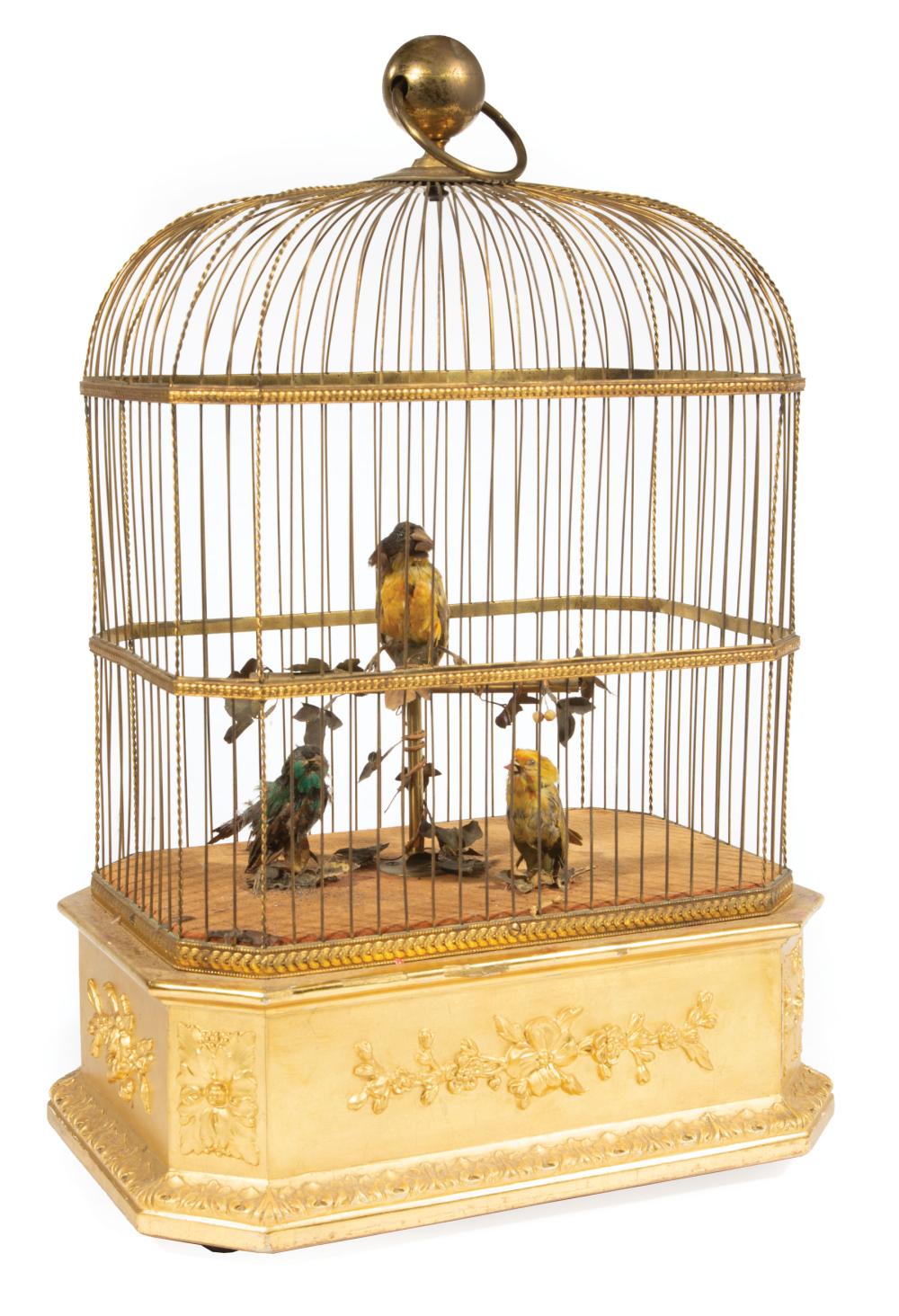 Appraisal: Large Antique French Mechanical Bird Automaton c brass cage giltwood