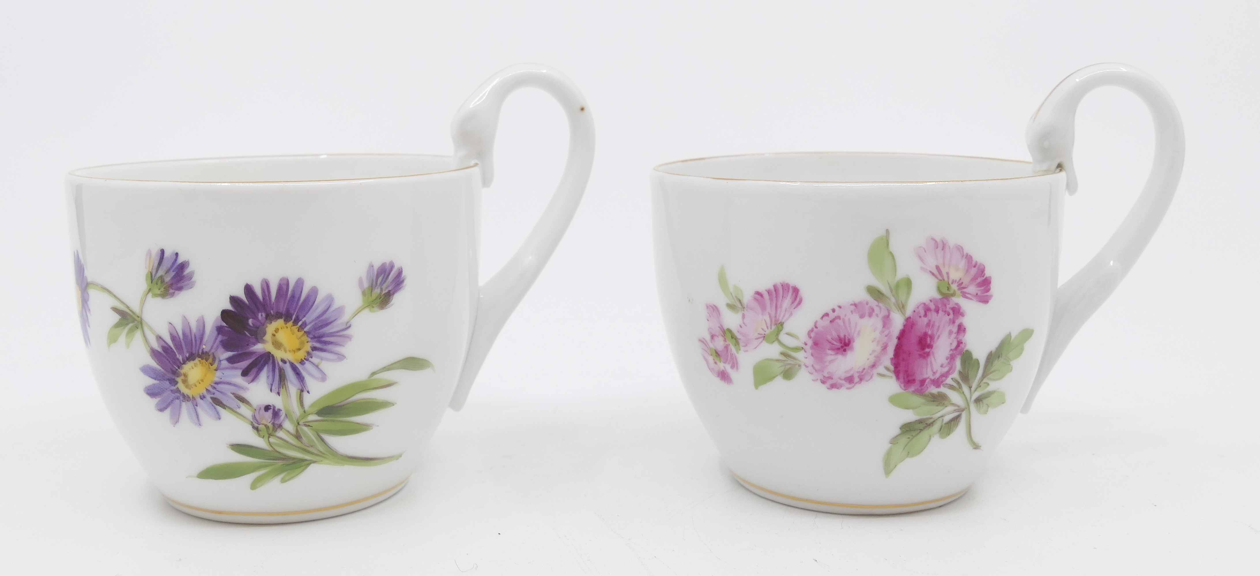 Appraisal: pc Meissen Floral Porcelain Teacups Swan neck handles '' tall