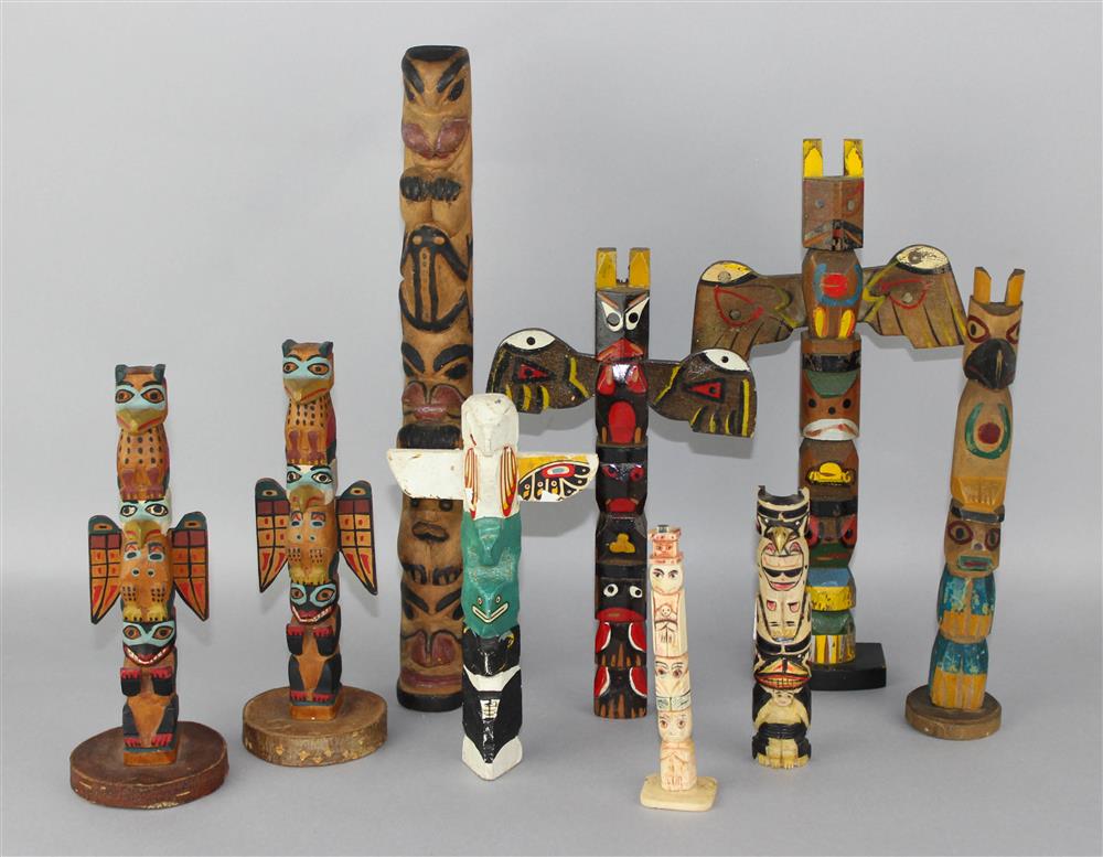 Appraisal: NINE PACIFIC NORTHWEST COAST CARVED WOOD AND BONE MODEL TOTEM