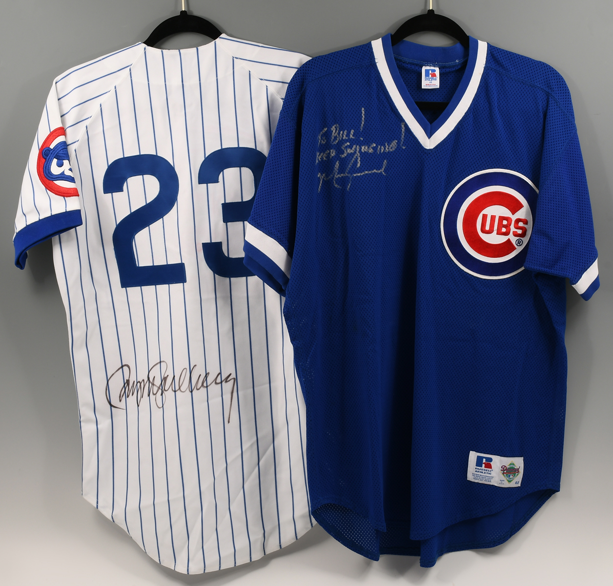 Appraisal: TWO SIGNED CHICAGO CUBS JERSEYS Mark Grace size Russell Athletics