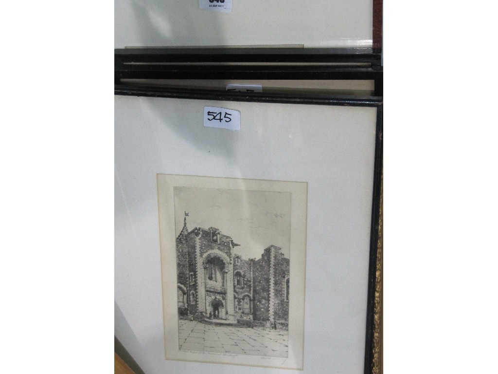 Appraisal: Lot comprising four etchings a machine embroidery and a steel